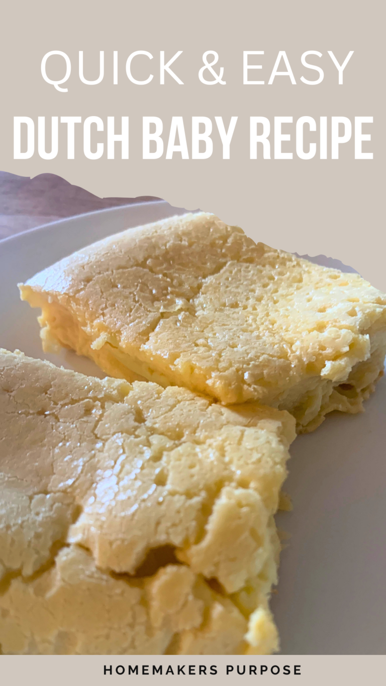Pinterest graphic for quick and easy dutch baby. German pancakes on a plate.