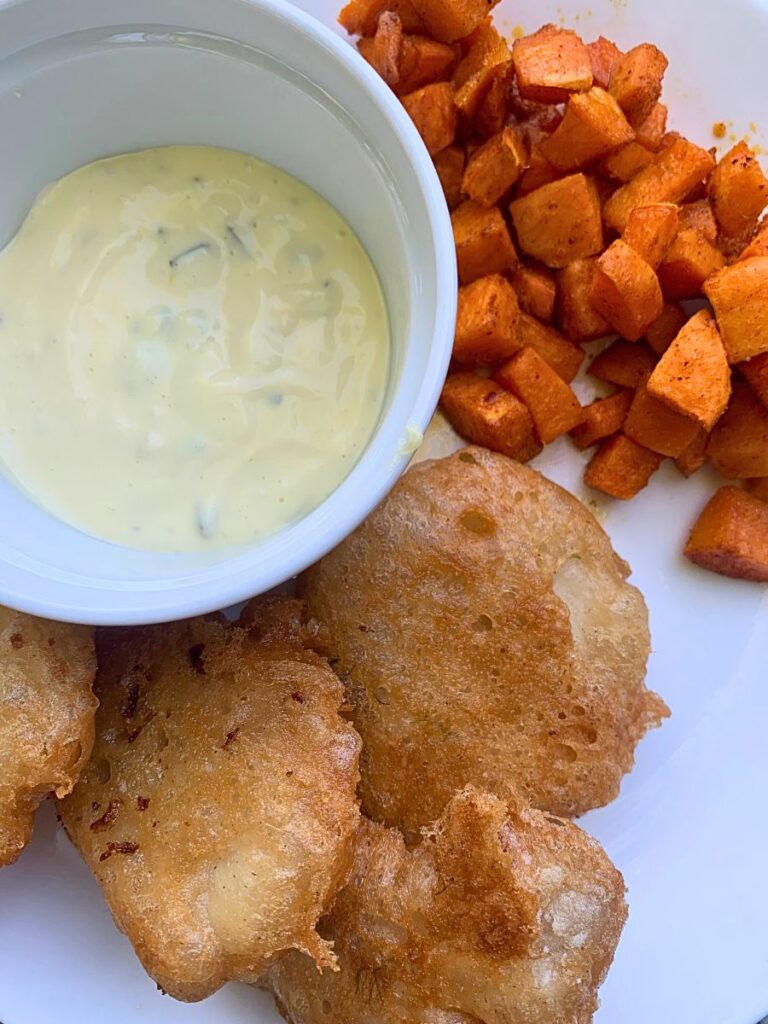 June meal plan fried fish with sweet potatoes and homemade tartar sauce