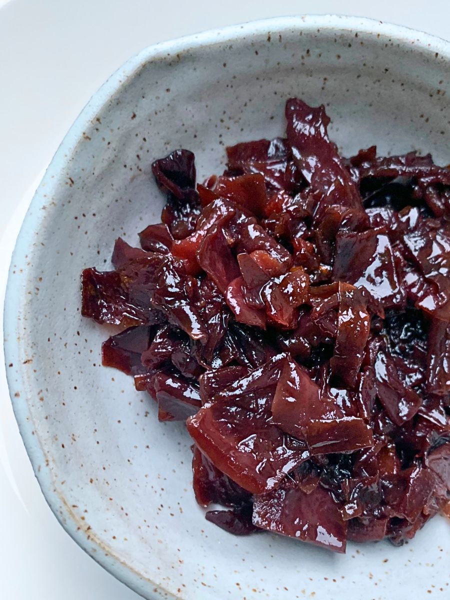 Braised red cabbage in a pottery bowl